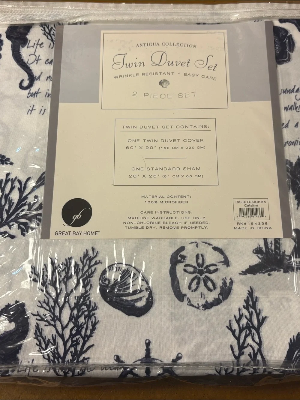 Antigua Twin Duvet Cover Set in White with Navy Coastal Print